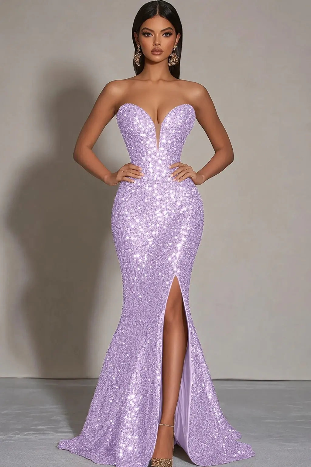 Sparkly Gold Sequins Mermaid Strapless Long Formal Dress with Slit Kaidress