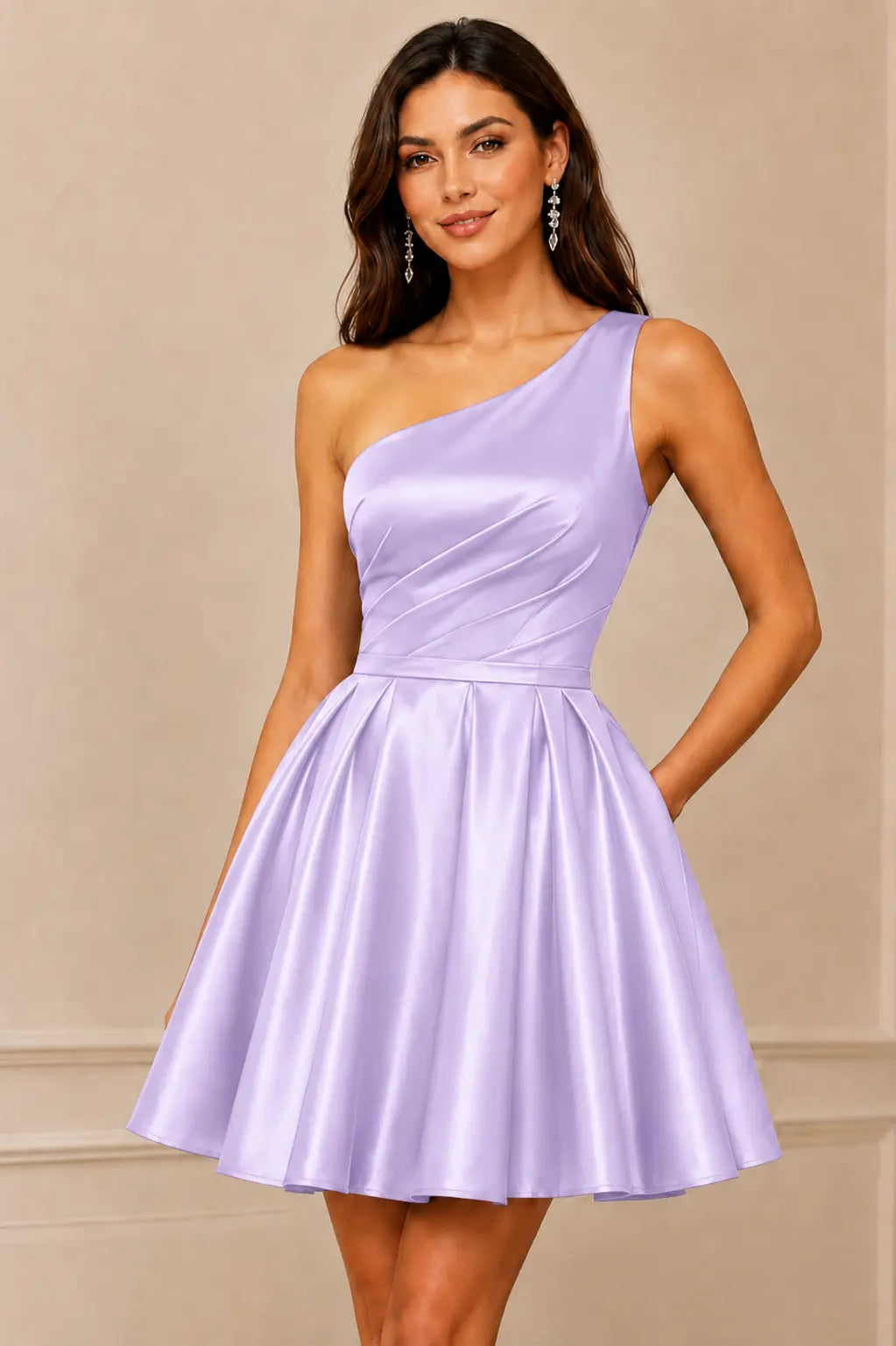 Green One Shoulder Satin Mini A Line Homecoming Dress With Pockets KAIDRESS