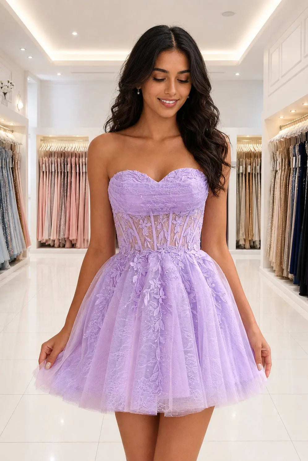 Lilac Strapless Beaded Lace Corset A-Line Mini Homecoming Dress