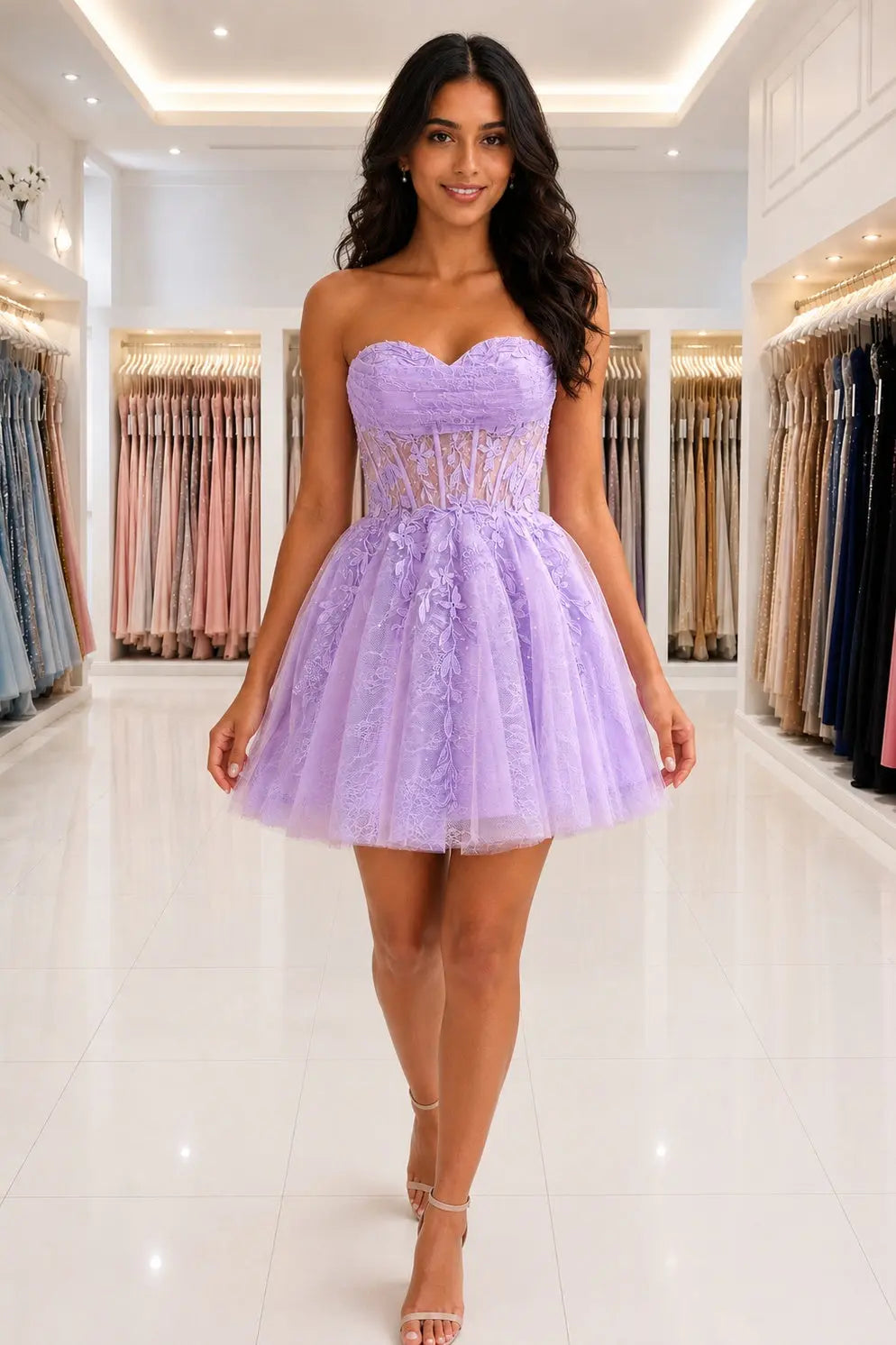 Lilac Strapless Beaded Lace Corset A-Line Mini Homecoming Dress