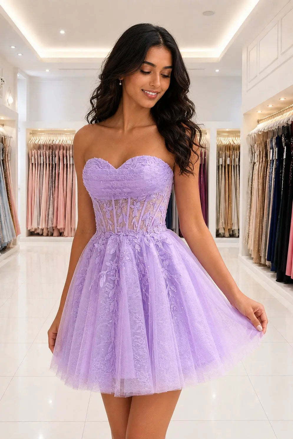 Lilac Strapless Beaded Lace Corset A-Line Mini Homecoming Dress
