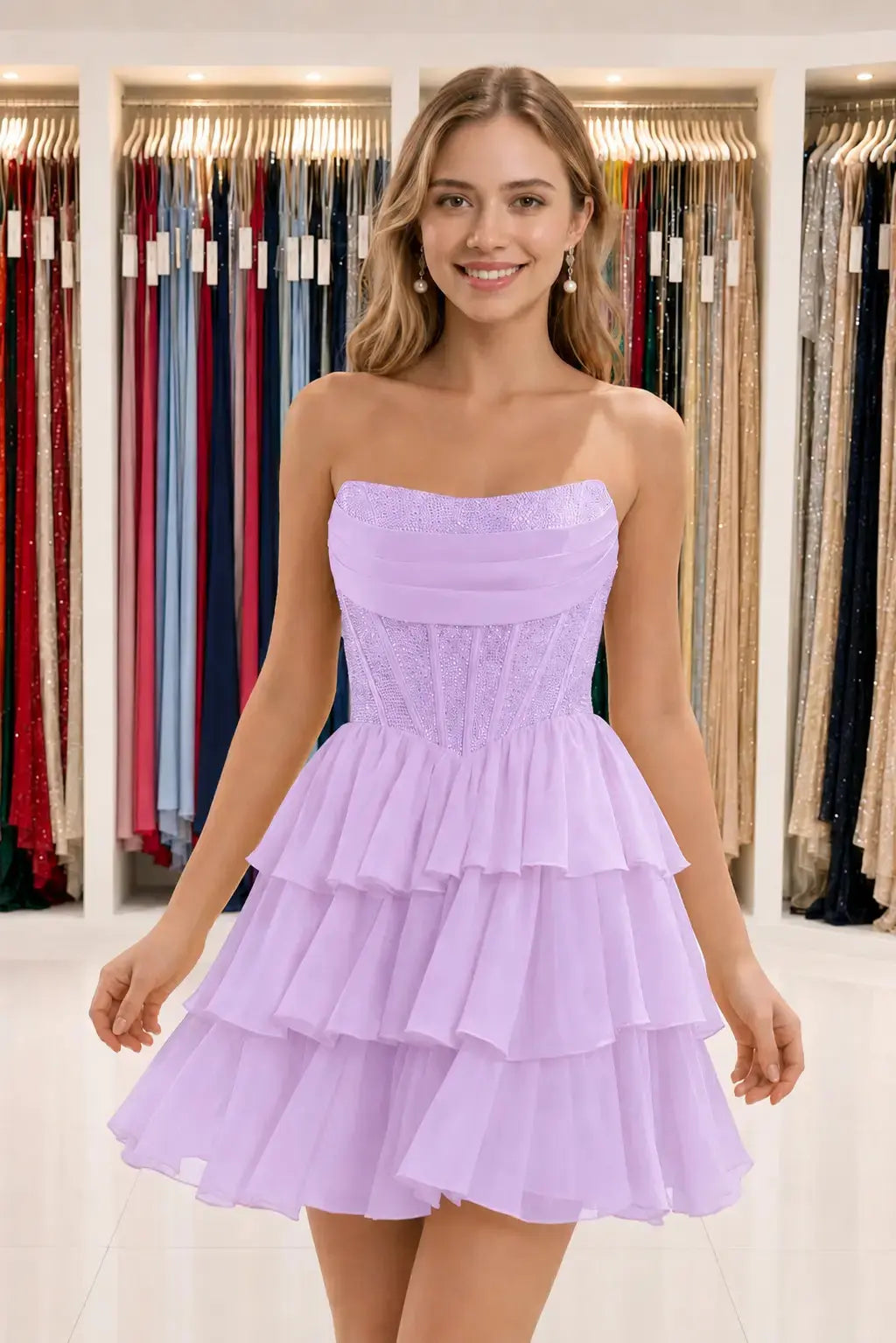 Daffodil Strapless Corset Tiered Ruffle Mini Homecoming Dress With Beading KAIDRESS
