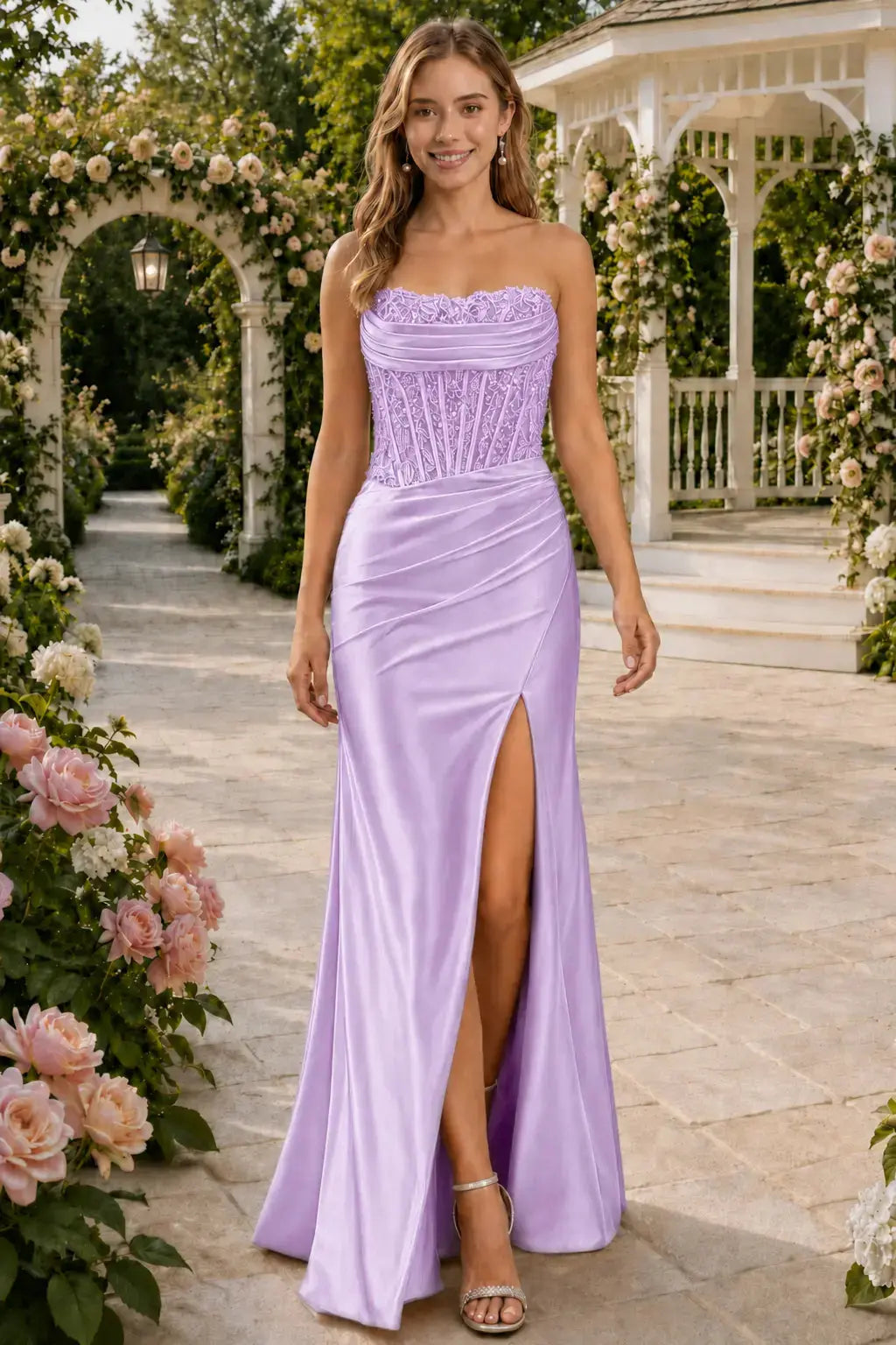 Sheath/Column Beaded Strapless Applique Formal Dress with Slit KAIDRESS