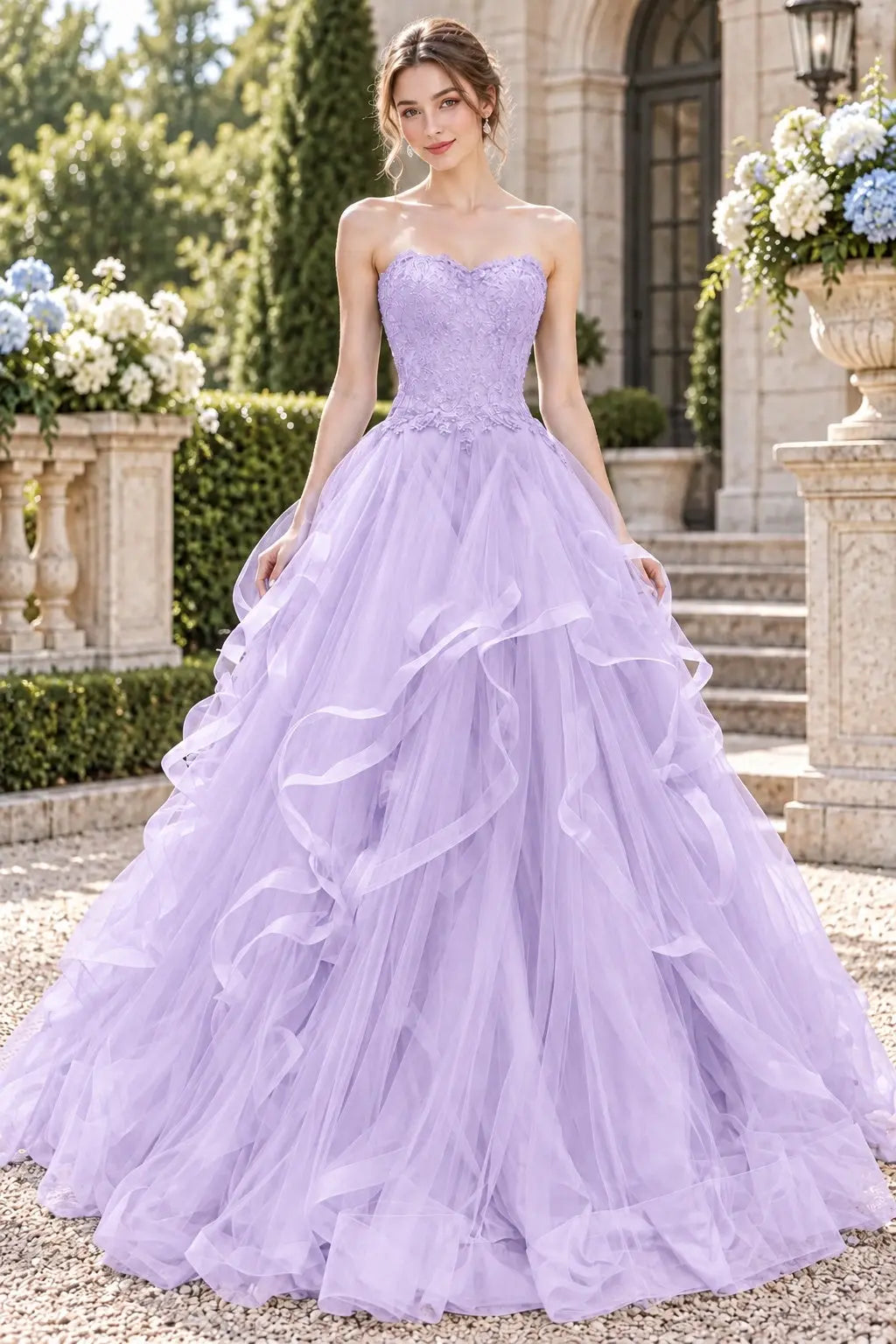 Blue Tulle Lace Long Prom Dresses Princess Layered Formal Evening Gowns