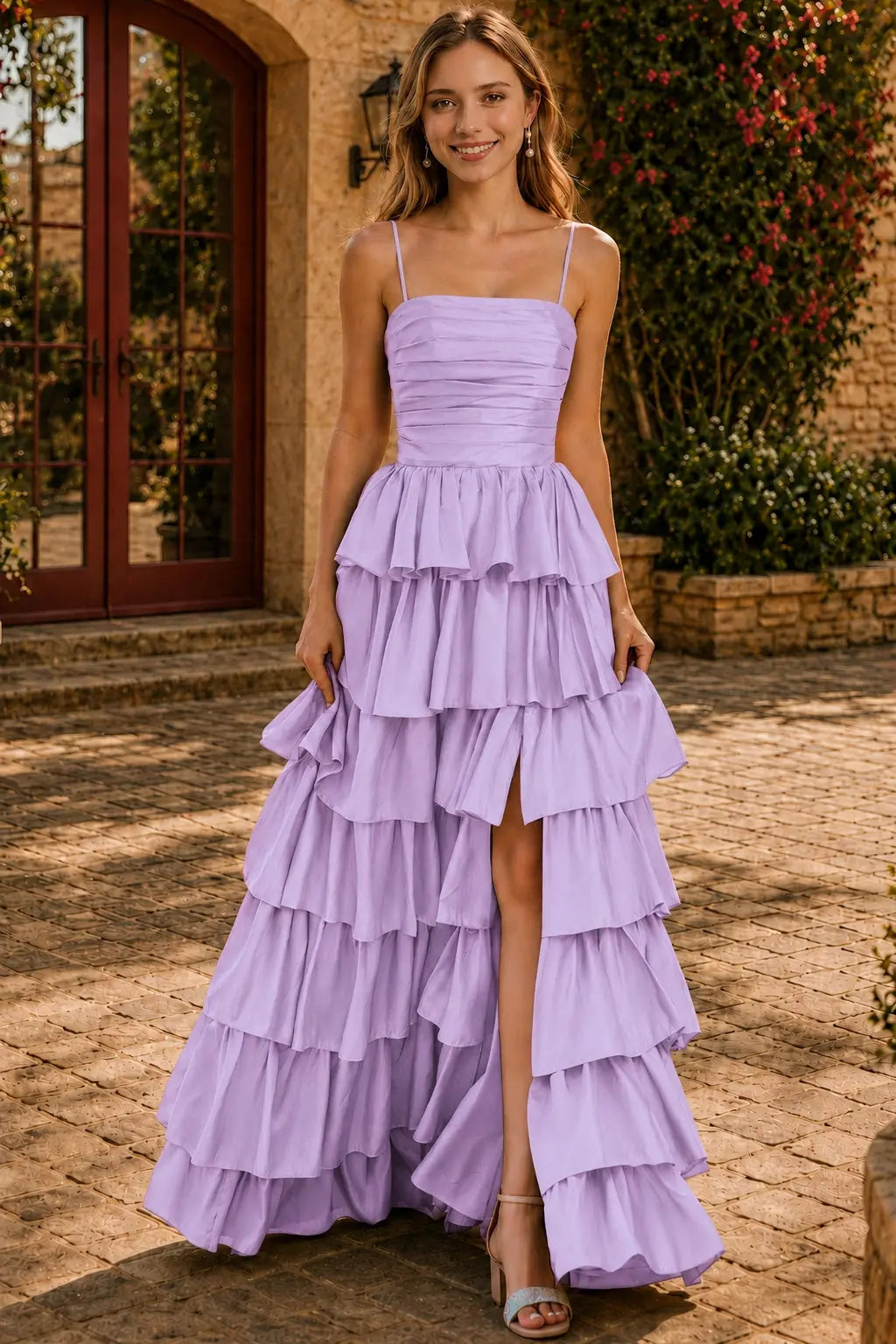 A-line Square Neckline Spaghetti Straps Floor-Length Taffeta Prom Dress with Ruffles Slit KAIDRESS