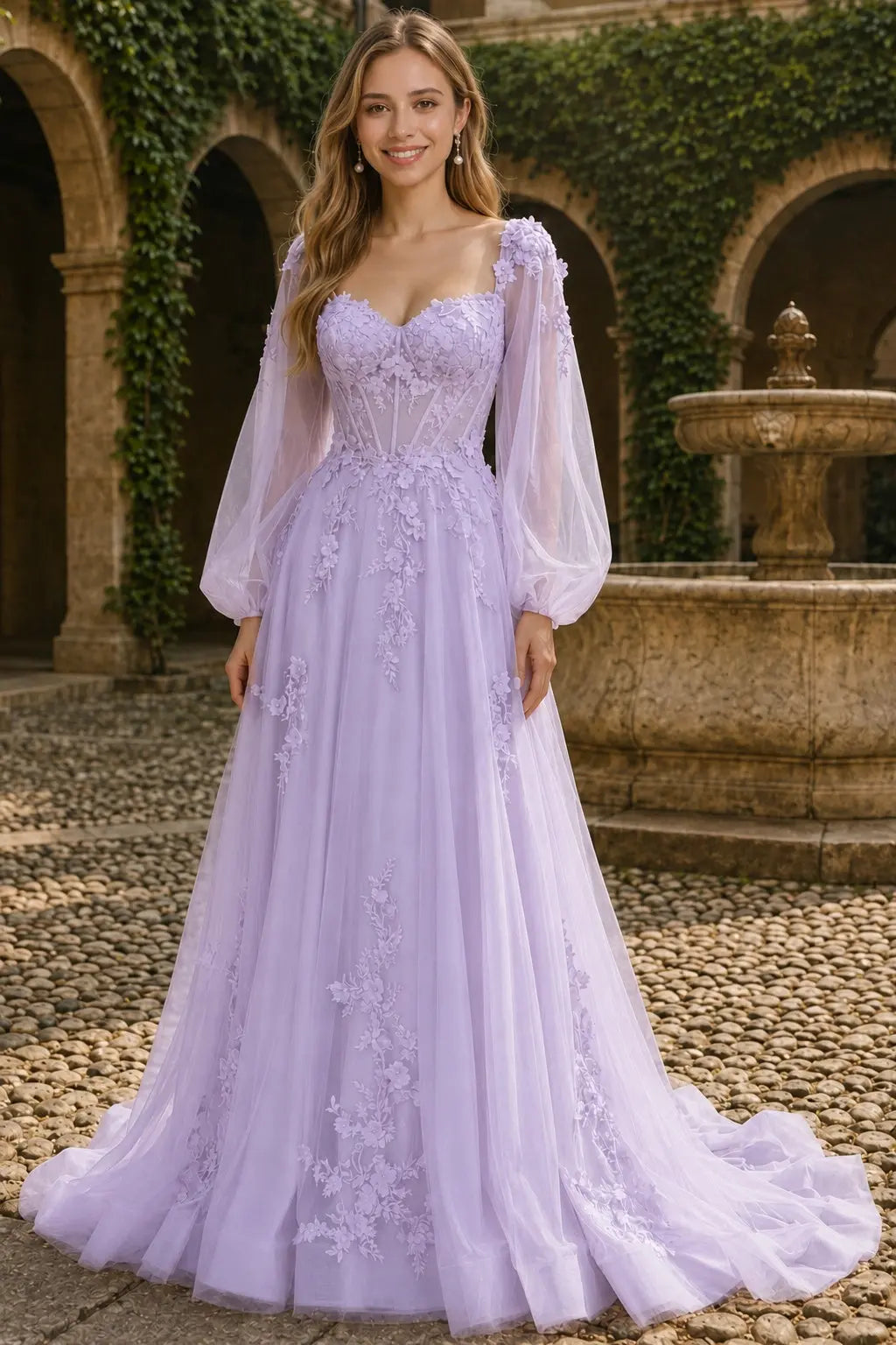A-line 3D Floral Lace Applique Tulle Long Sleeves Prom Dress