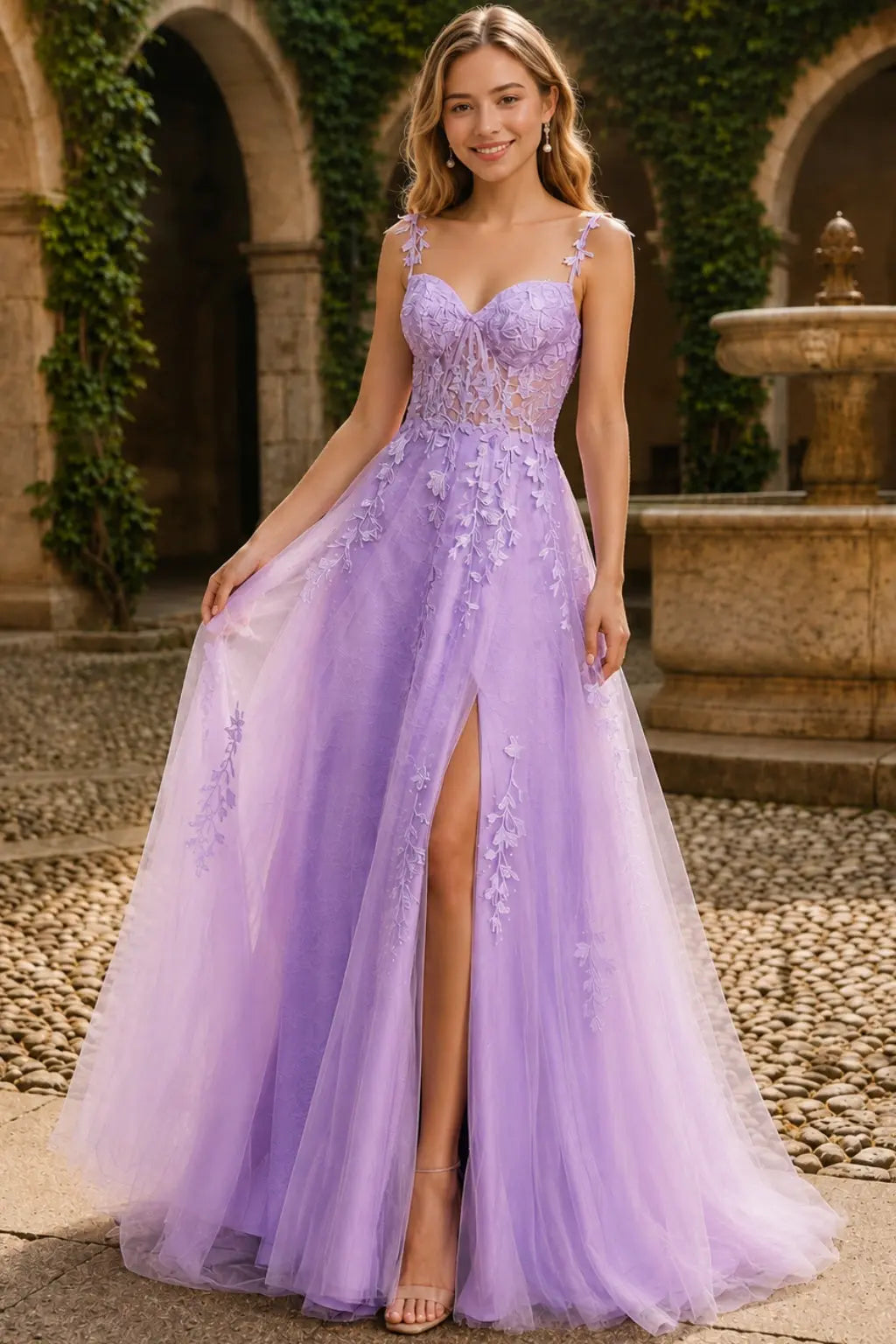 A-line V Neck Sweep Spaghetti Straps Train Tulle Prom Dress with Appliqued Beading