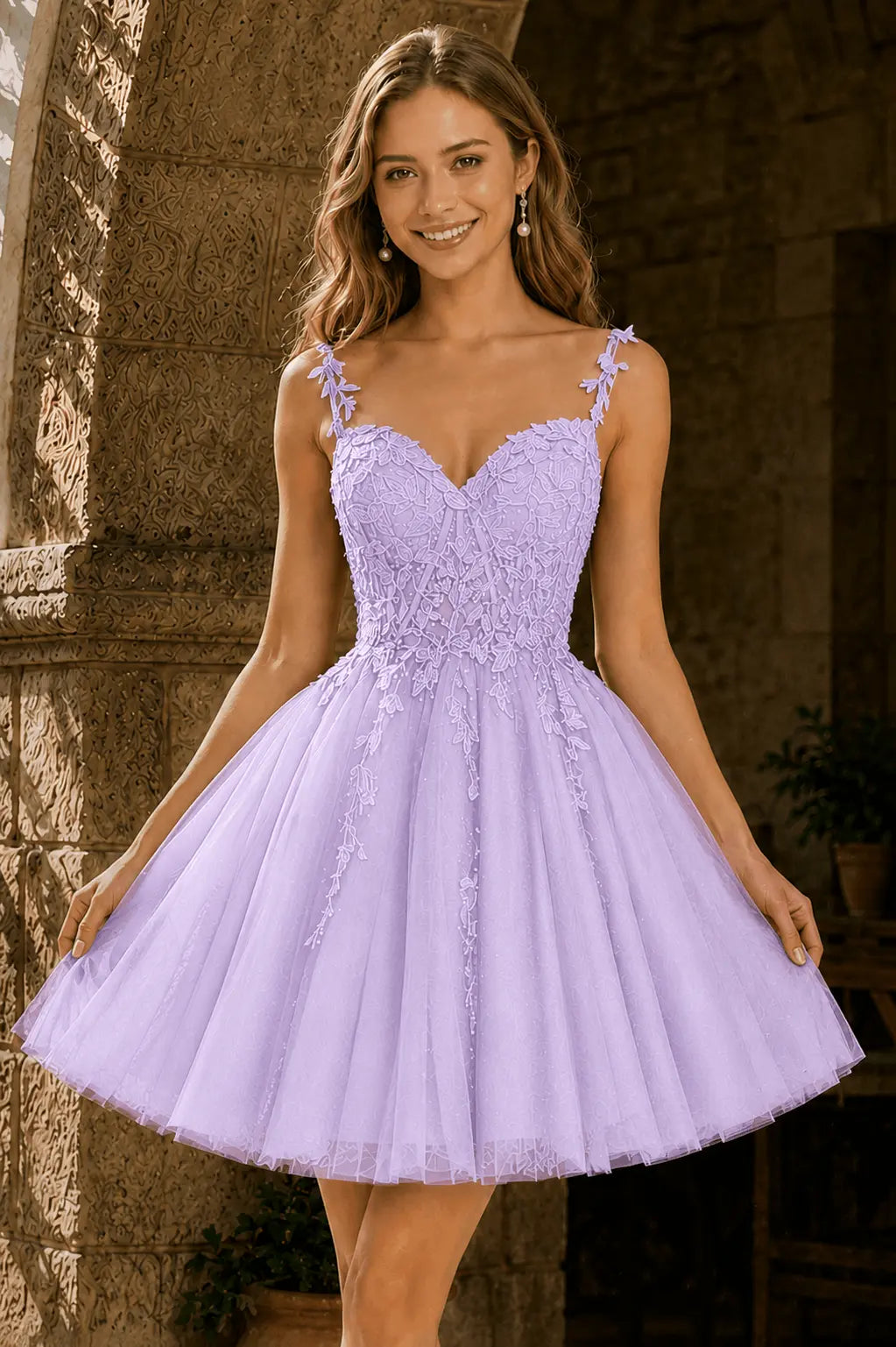 A-line V Neck Short/Mini Tulle Lace Homecoming Dress