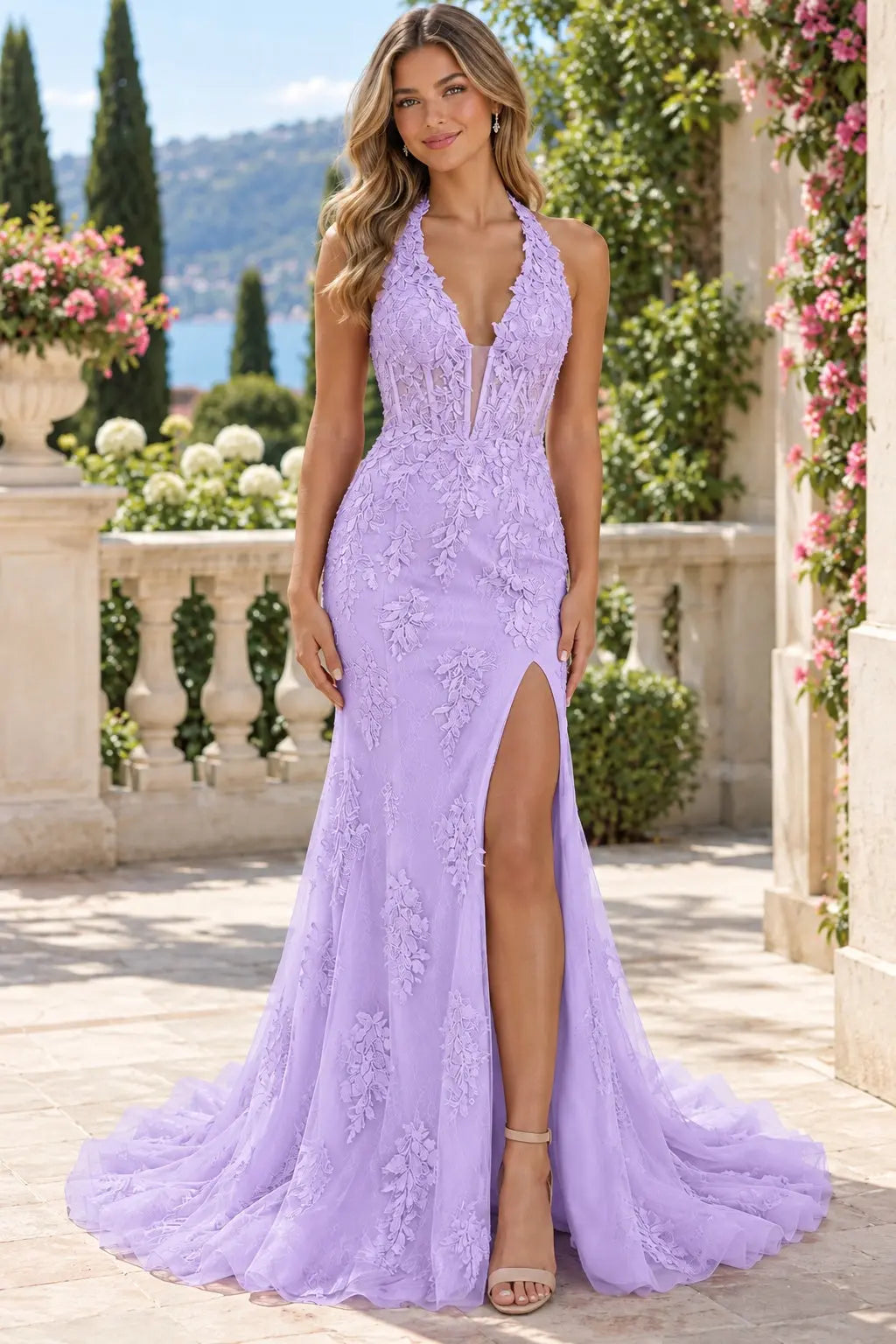Trumpet/Mermaid V-Neck Tulle Lace Sleeveless Long Prom Dress