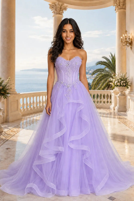 Lilac Tulle Sweetheart Corset A-Line Prom Dress Beaded Ball Gown