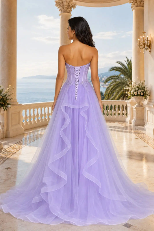 Lilac Tulle Sweetheart Corset A-Line Prom Dress Beaded Ball Gown