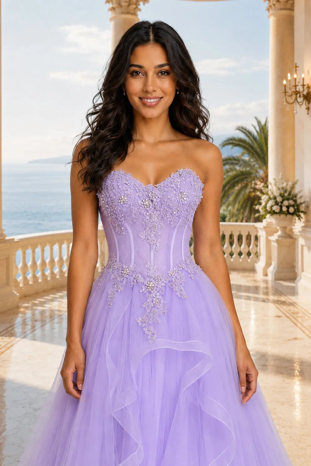 Lilac Tulle Sweetheart Corset A-Line Prom Dress Beaded Ball Gown