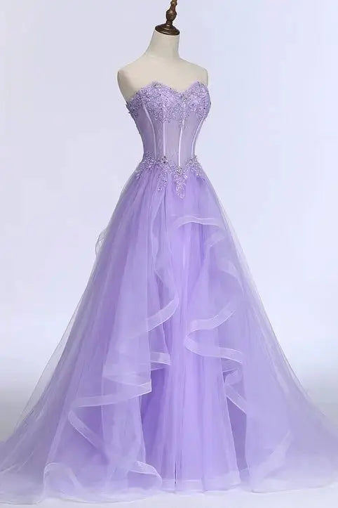 Lilac Tulle Sweetheart Corset A-Line Prom Dress Beaded Ball Gown