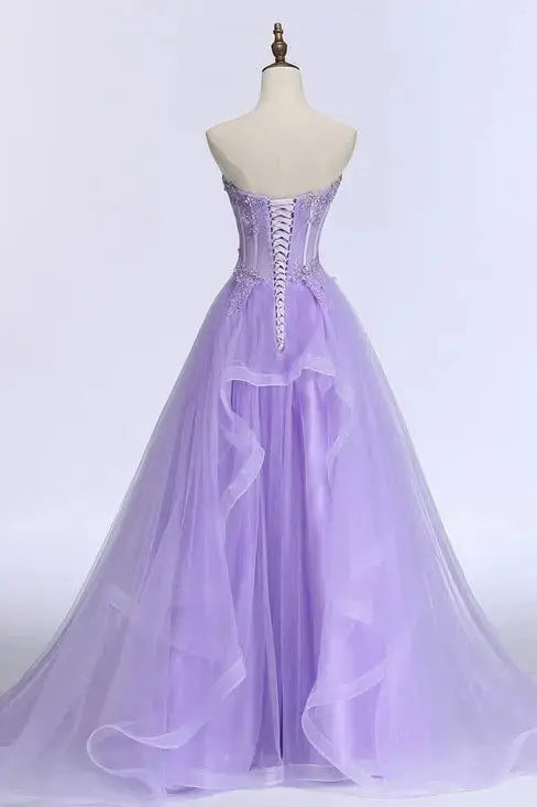 Lilac Tulle Sweetheart Corset A-Line Prom Dress Beaded Ball Gown