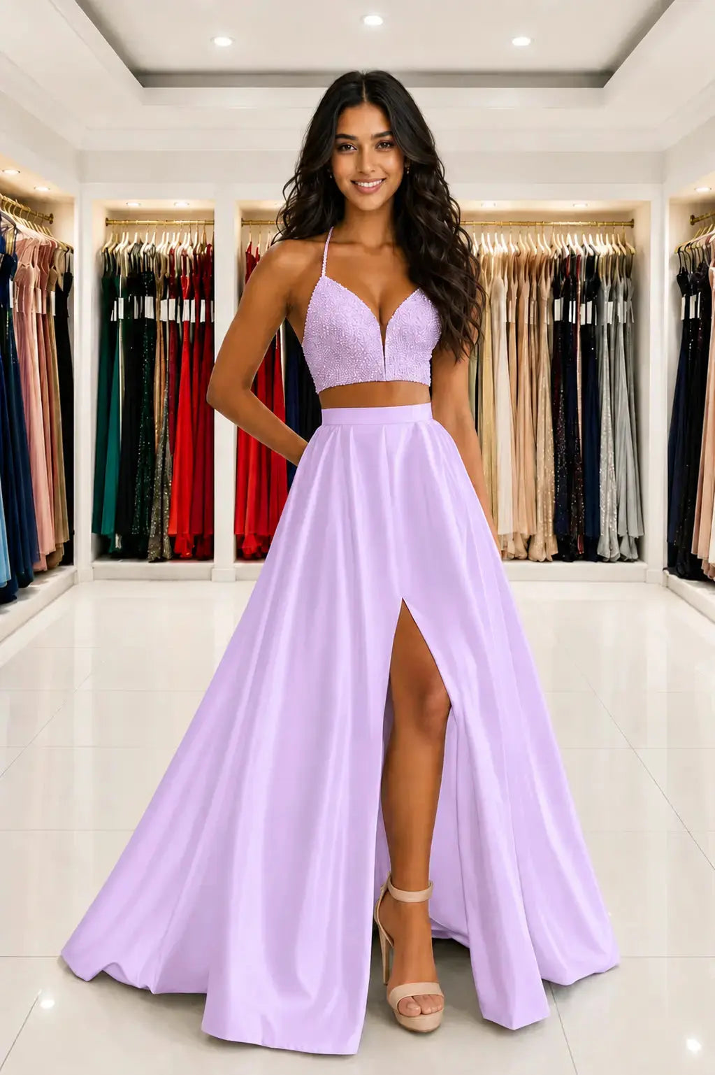 Satin Two Piece Long Modest White Prom Dress Split Formal Evening Gowns Kaidress