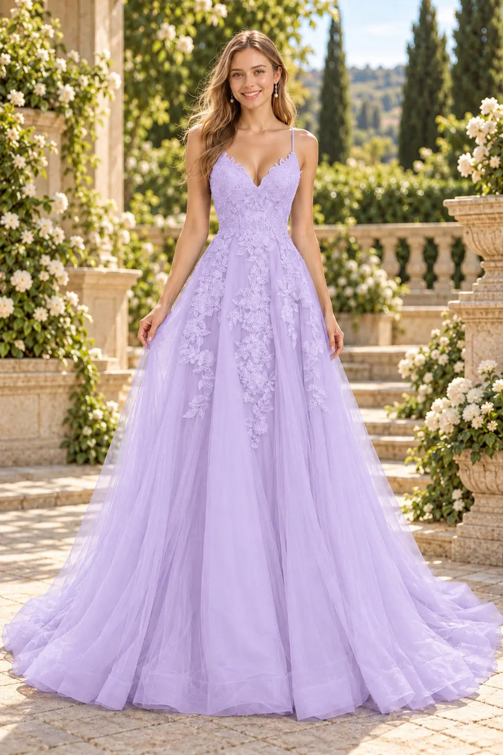 A-line V Neck Spaghetti Straps Sweep Train Tulle Prom Dress With Appliqued