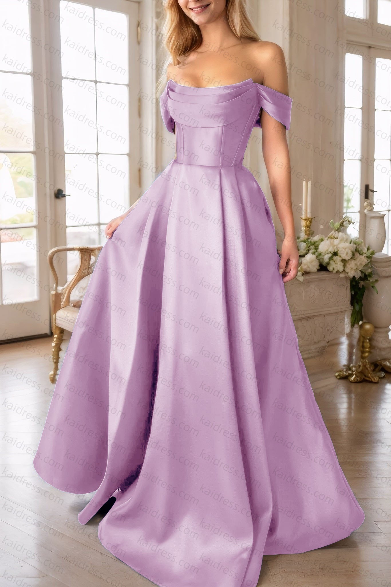 A-Line Satin Long Prom Dress, Simple Off the Shoulder Evening Party Dress With Pockets