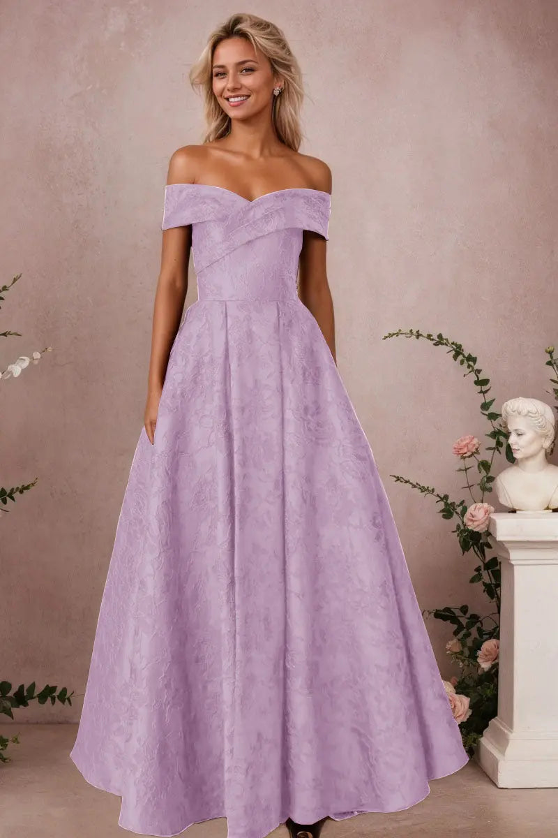 A-Line Off Shoulder Satin Burgundy Long Prom Dress Floral Jacquard Formal Ball Gowns - KAIDRESS