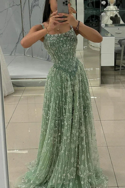 Luxury A-line Spaghetti Straps Beaded Lace Sweep Train Lace Prom Dress KAIDRESS