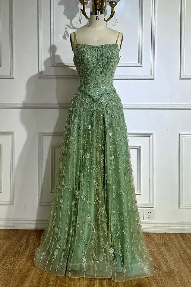 Luxury A-line Spaghetti Straps Beaded Lace Sweep Train Lace Prom Dress KAIDRESS