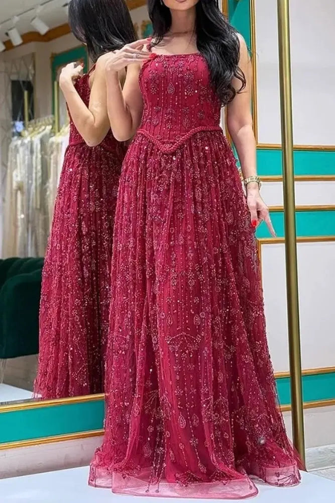 Luxury A-line Spaghetti Straps Beaded Lace Sweep Train Lace Prom Dress KAIDRESS
