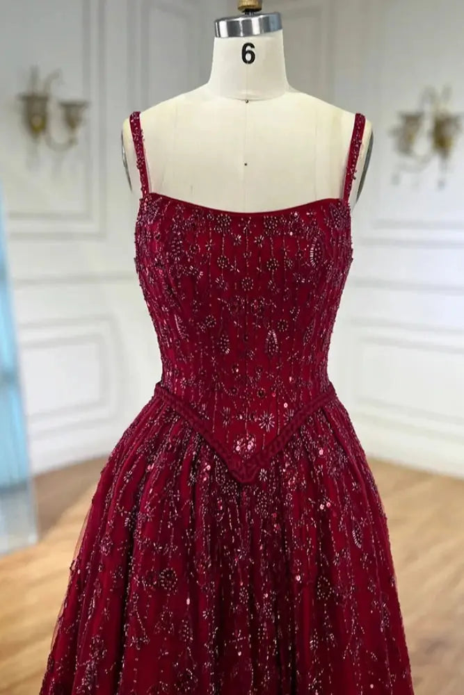 Luxury A-line Spaghetti Straps Beaded Lace Sweep Train Lace Prom Dress KAIDRESS