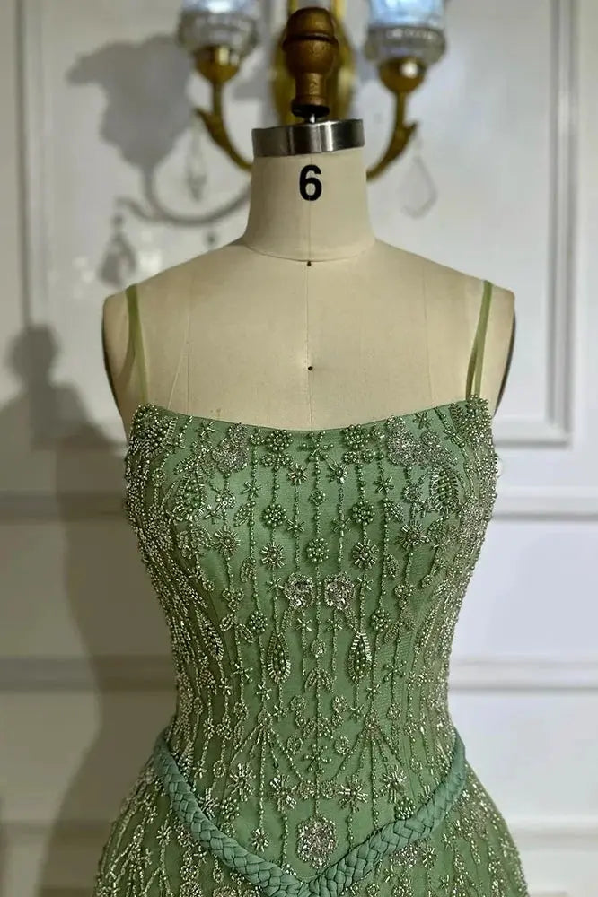 Luxury A-line Spaghetti Straps Beaded Lace Sweep Train Lace Prom Dress KAIDRESS