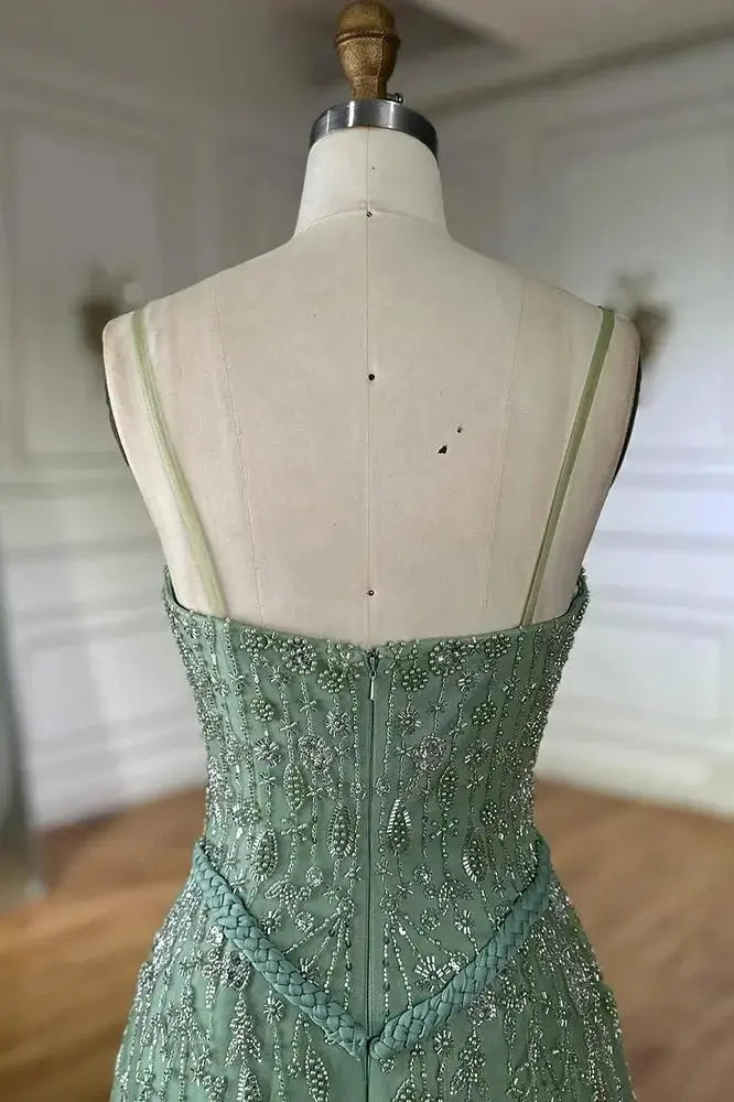Luxury A-line Spaghetti Straps Beaded Lace Sweep Train Lace Prom Dress KAIDRESS