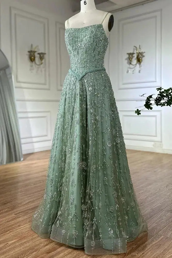 Luxury A-line Spaghetti Straps Beaded Lace Sweep Train Lace Prom Dress KAIDRESS