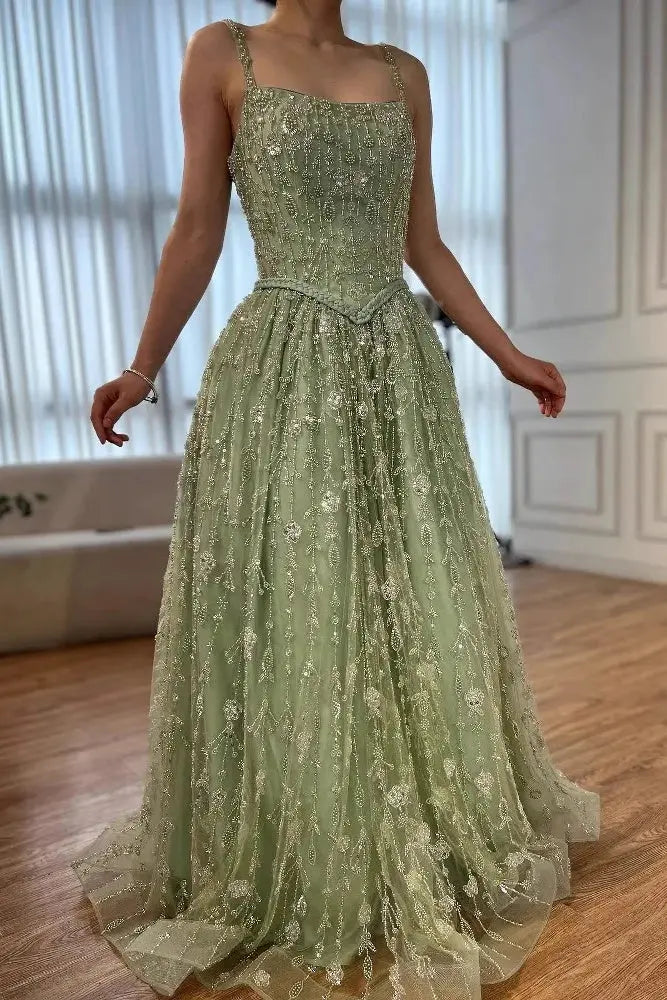 Luxury A-line Spaghetti Straps Beaded Lace Sweep Train Lace Prom Dress KAIDRESS