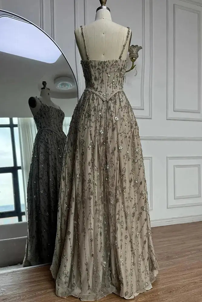 Luxury A-line Spaghetti Straps Beaded Lace Sweep Train Lace Prom Dress KAIDRESS