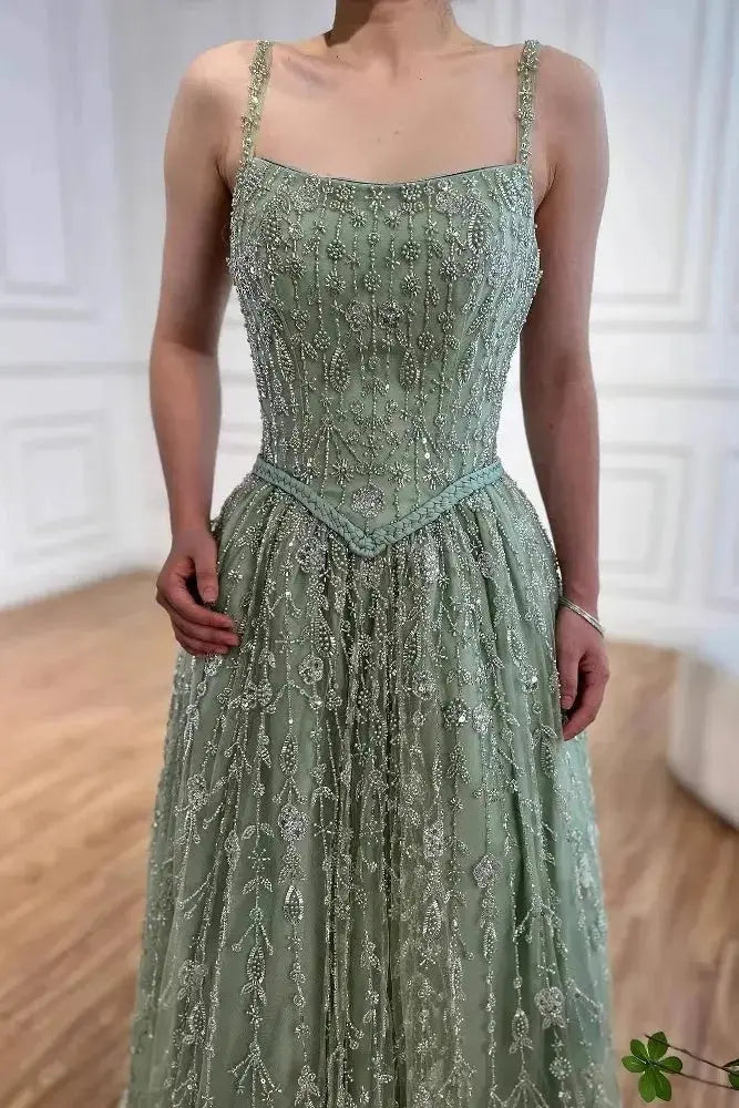 Luxury A-line Spaghetti Straps Beaded Lace Sweep Train Lace Prom Dress KAIDRESS
