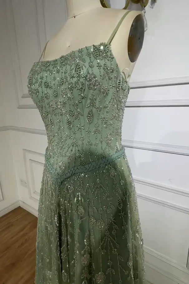 Luxury A-line Spaghetti Straps Beaded Lace Sweep Train Lace Prom Dress KAIDRESS