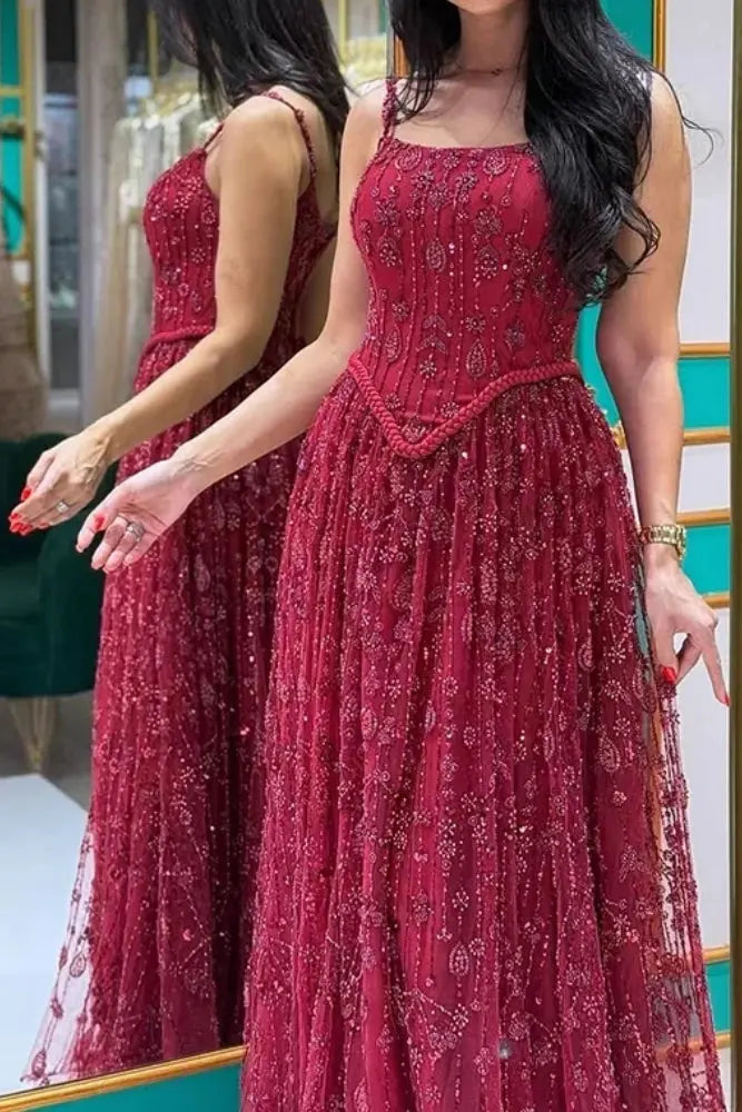 Luxury A-line Spaghetti Straps Beaded Lace Sweep Train Lace Prom Dress KAIDRESS