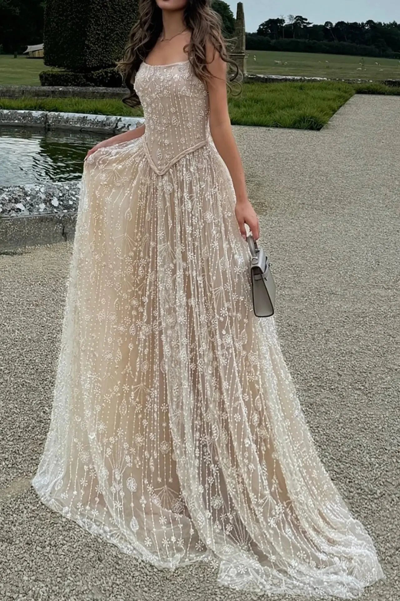 Luxury A-line Spaghetti Straps Beaded Lace Sweep Train Lace Prom Dress KAIDRESS
