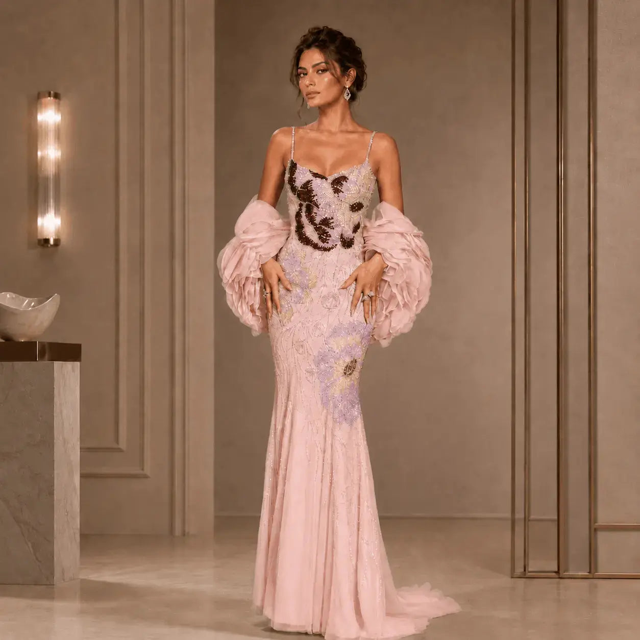 Luxury Mermaid Pink Sparkly Floral Beaded Evening Gowns with Burgundy Shawl KAIDRESS