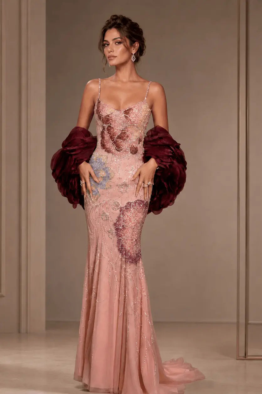 Luxury_Mermaid_Dusty_Rose_Sparkly_Floral_Beaded_Evening_Gowns_with_Burgundy_Shawl
