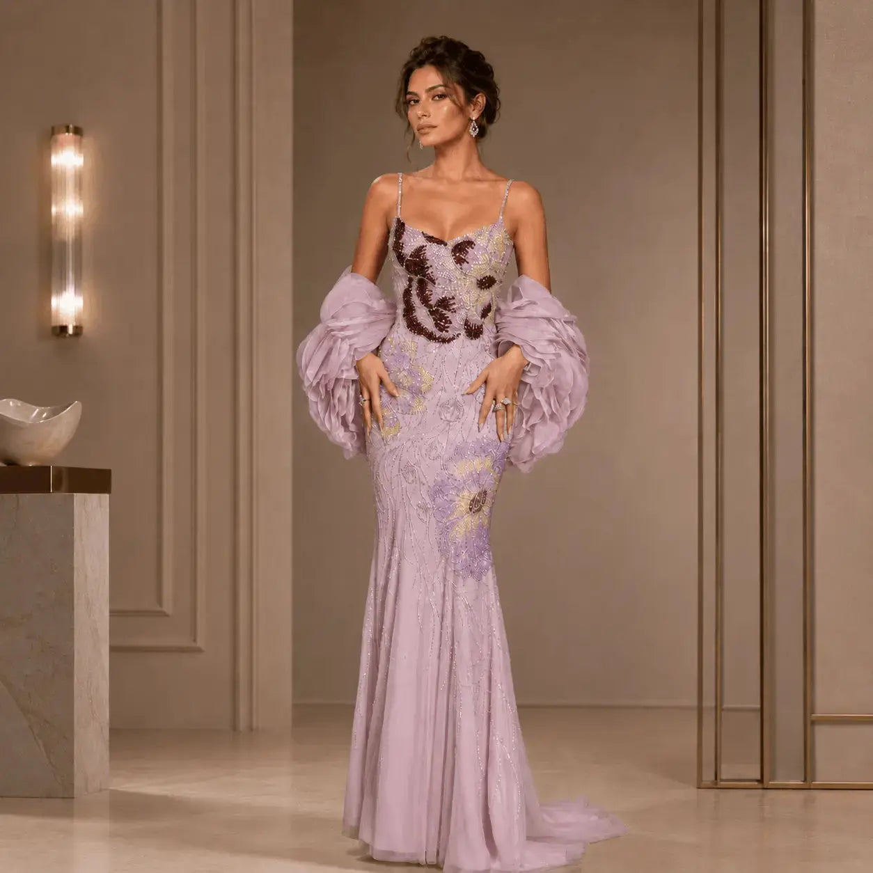 Luxury Mermaid Pink Sparkly Floral Beaded Evening Gowns with Burgundy Shawl KAIDRESS