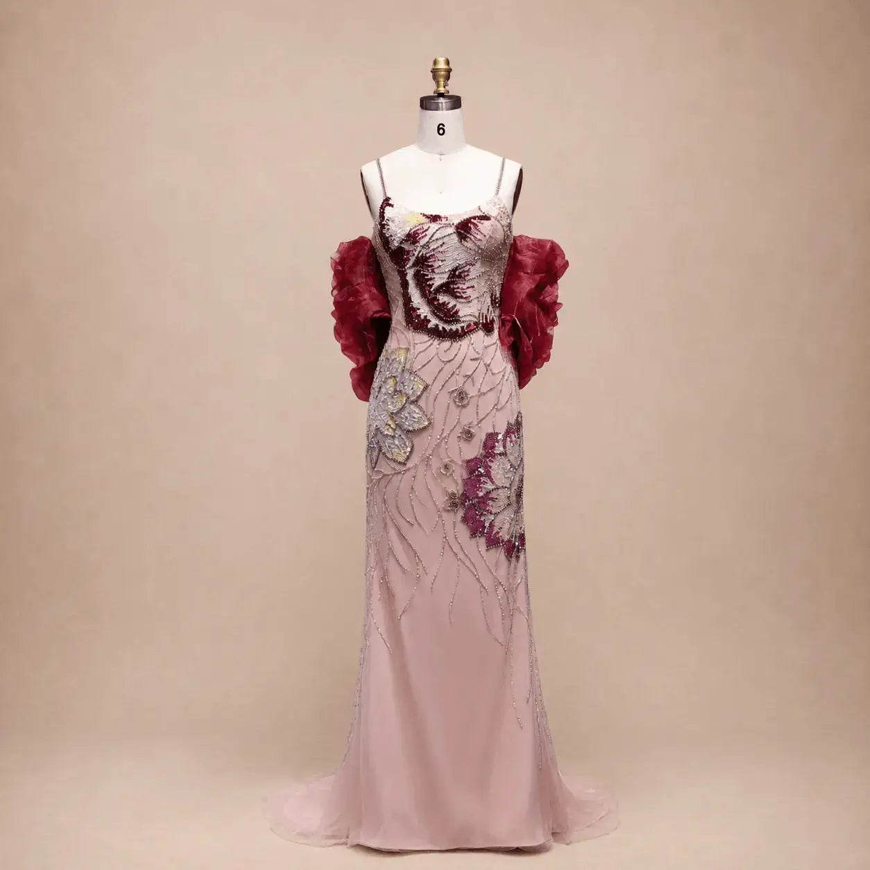 Luxury Mermaid Pink Sparkly Floral Beaded Evening Gowns with Burgundy Shawl