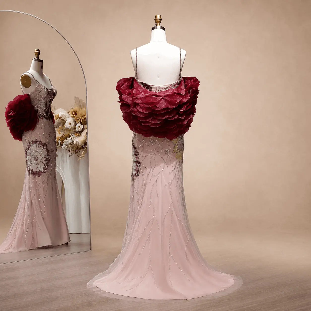 Luxury Mermaid Pink Sparkly Floral Beaded Evening Gowns with Burgundy Shawl