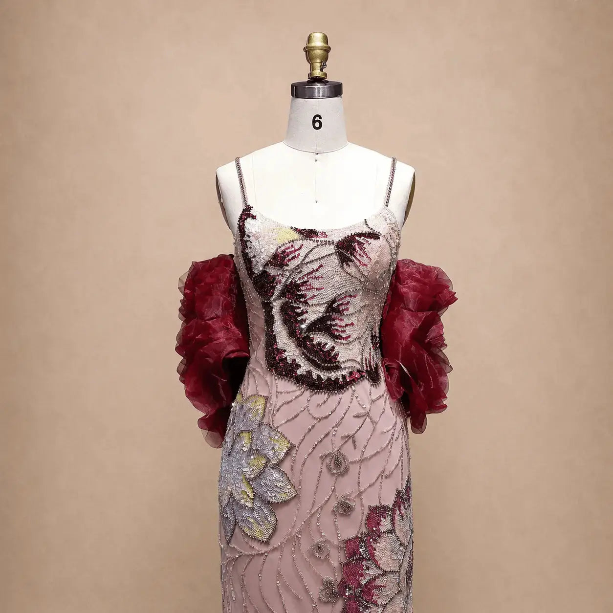 Luxury Mermaid Pink Sparkly Floral Beaded Evening Gowns with Burgundy Shawl