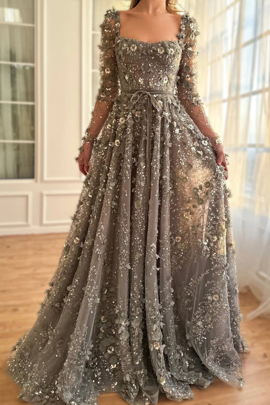 Luxury 3D Flower Gray A-line Long Sleeves Prom Dress KAIDRESS
