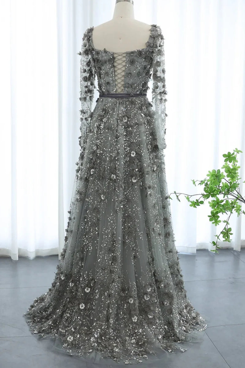 Luxury 3D Flower Gray A-line Long Sleeves Prom Dress KAIDRESS