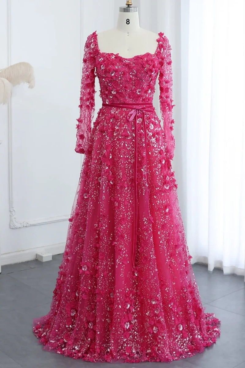 Luxury 3D Flower Gray A-line Long Sleeves Prom Dress KAIDRESS