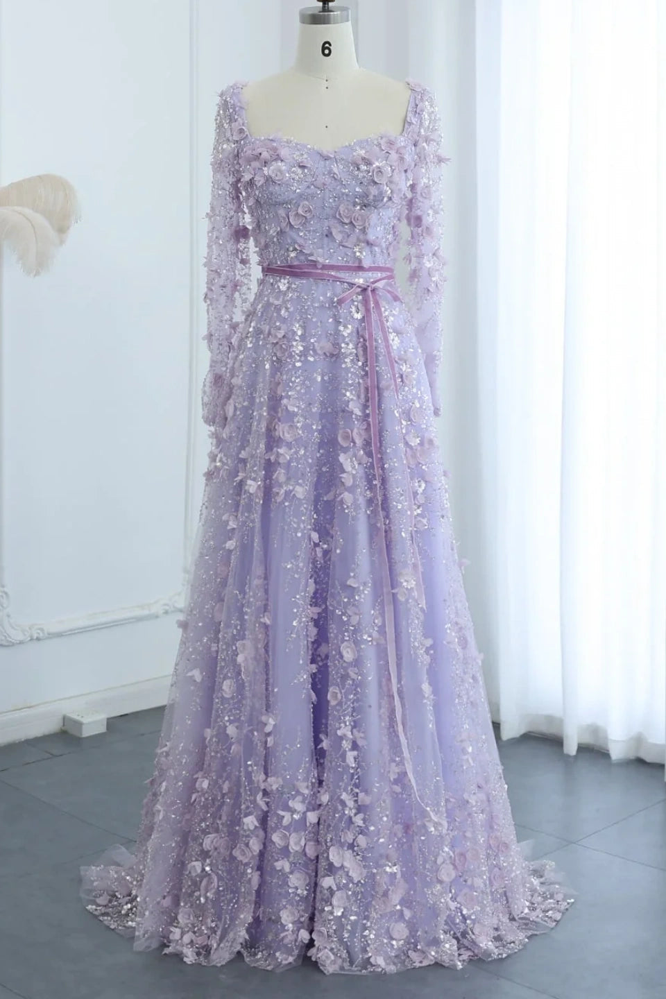 Luxury 3D Flower Gray A-line Long Sleeves Prom Dress KAIDRESS