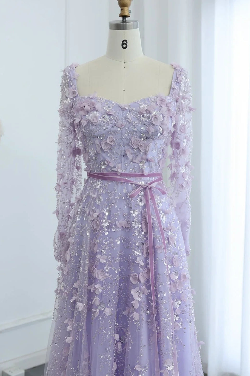 Luxury 3D Flower Gray A-line Long Sleeves Prom Dress KAIDRESS