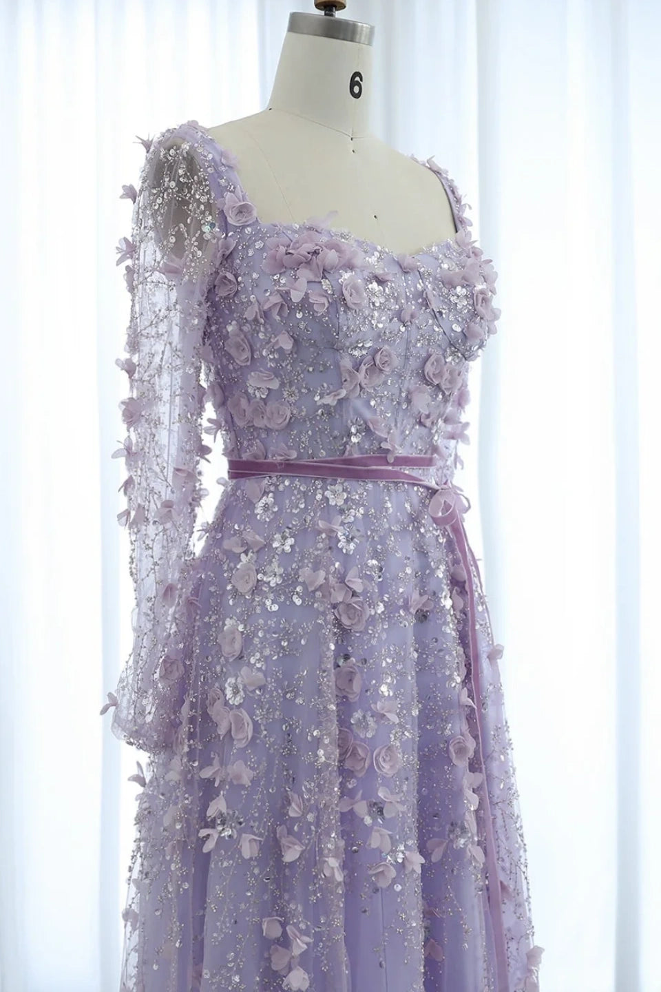 Luxury 3D Flower Gray A-line Long Sleeves Prom Dress KAIDRESS