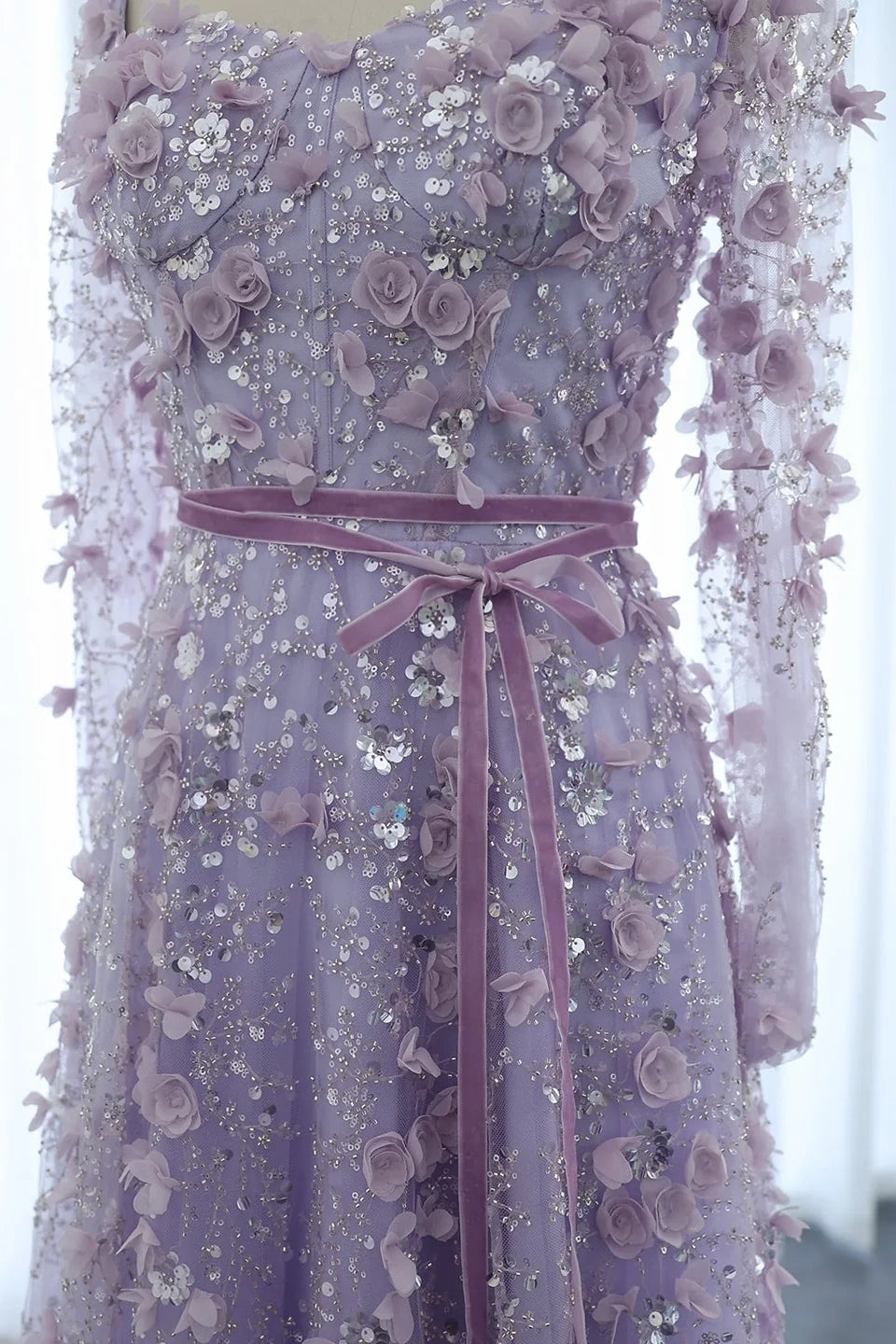Luxury 3D Flower Gray A-line Long Sleeves Prom Dress KAIDRESS