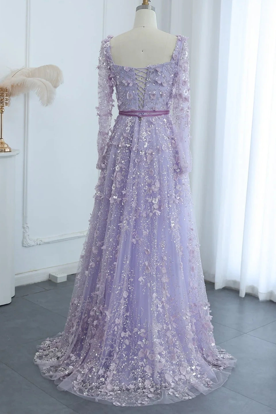 Luxury 3D Flower Gray A-line Long Sleeves Prom Dress KAIDRESS