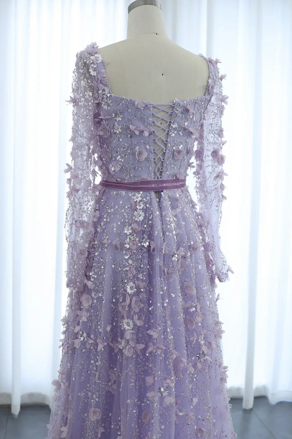 Luxury 3D Flower Gray A-line Long Sleeves Prom Dress KAIDRESS